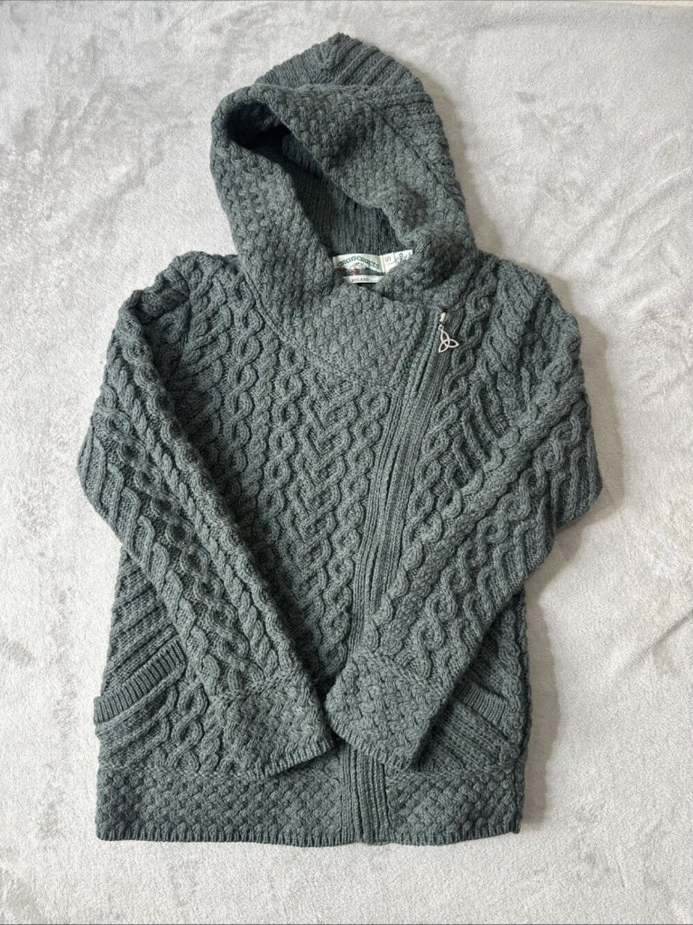 Aran Crafts Ireland Womens Wool Cable Knit Hoodie Gray Full Zip Sweater S